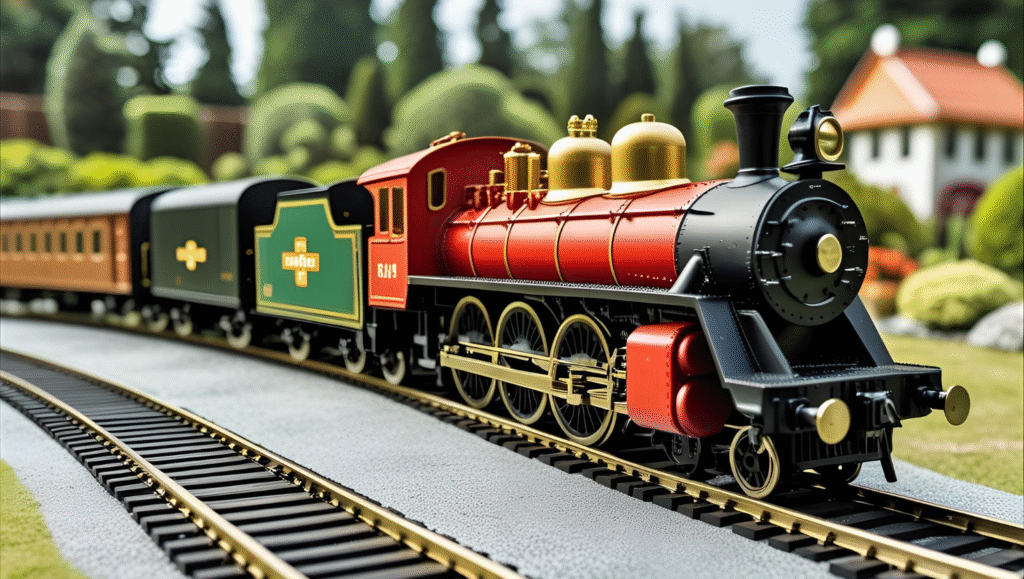 Large G scale model train running on outdoor garden railway tracks