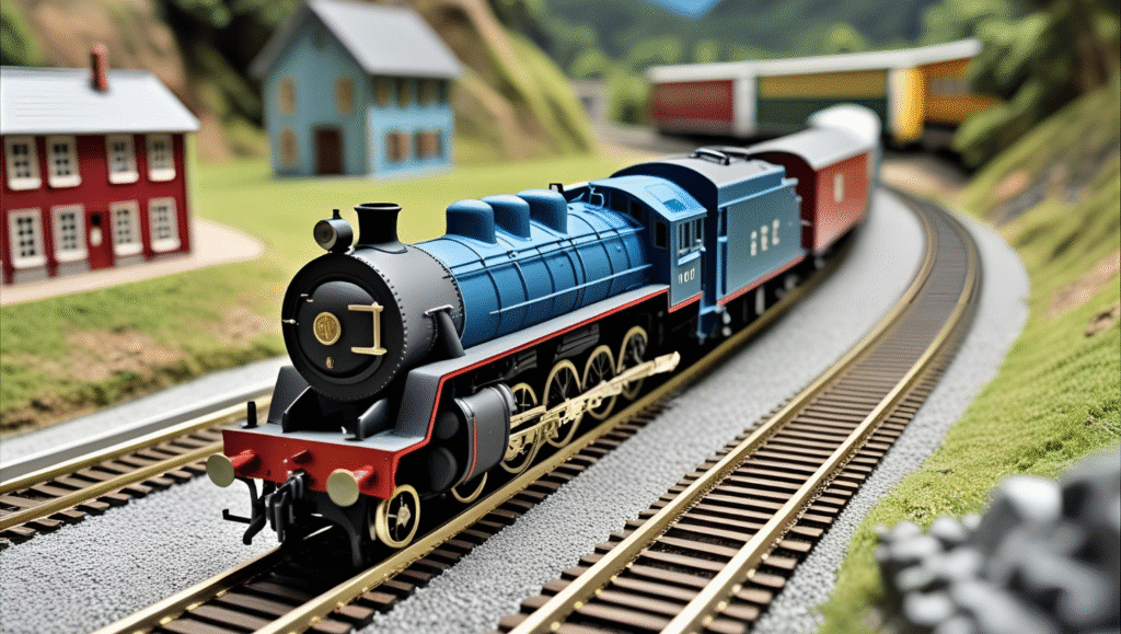 Compact N scale model train layout with detailed scenery and narrow tracks
