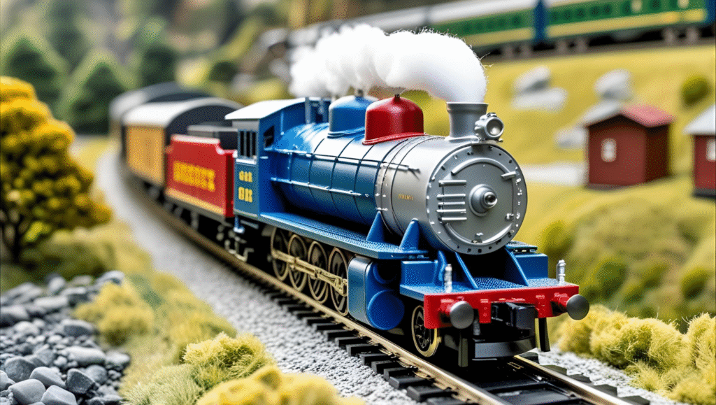 O scale model train on wide tracks with detailed, sturdy locomotive and cars