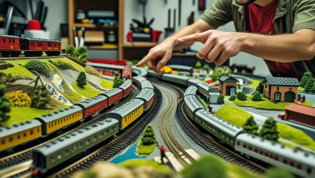 HO scale model train on track with gauge layout
