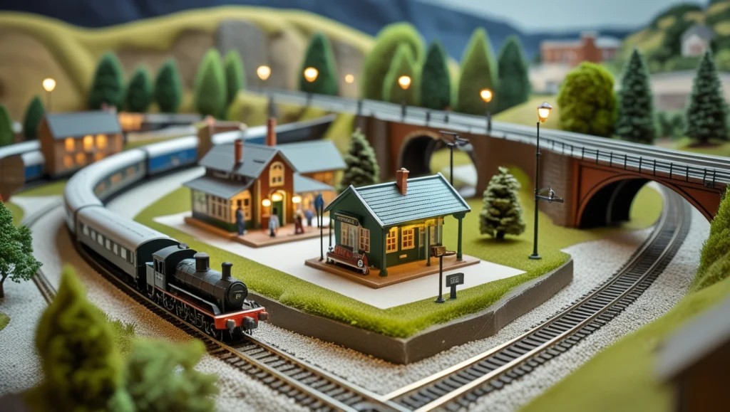 Model train layout planning with track design, scale setup, and scenic elements