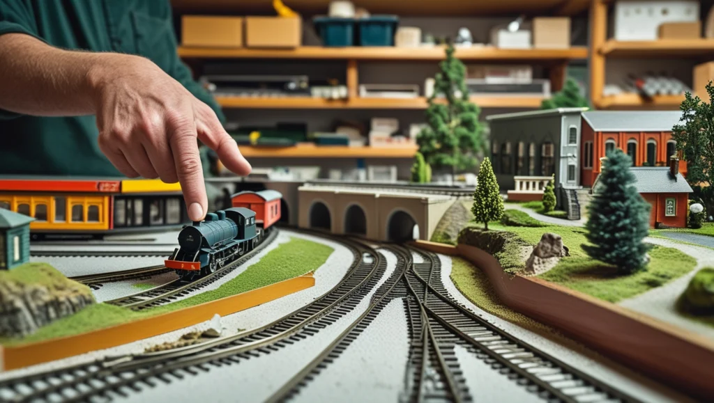 Realistic train scale model layout with tracks, buildings, and scenery