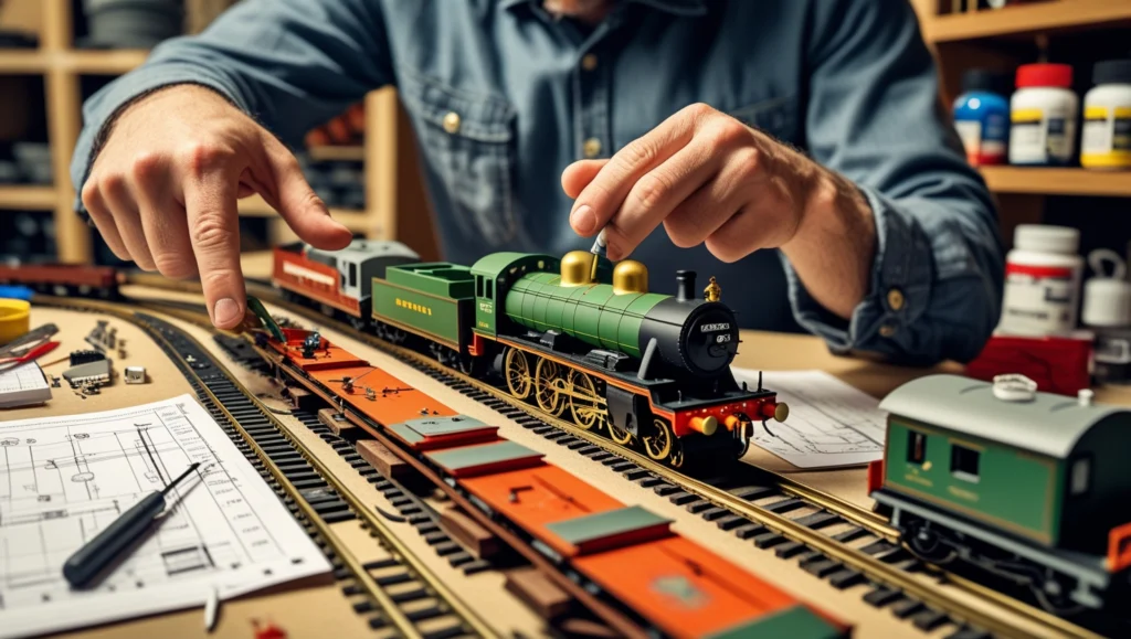 Model train set troubleshooting with tools for track alignment and electrical checks